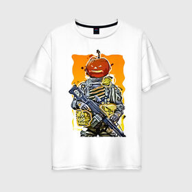 Женская футболка хлопок Oversize с принтом Хэллоуин Калибр в Белгороде, 100% хлопок | свободный крой, круглый ворот, спущенный рукав, длина до линии бедер
 | калибр | солдат | тыква | хэллоуин