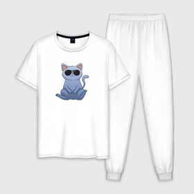 Мужская пижама хлопок с принтом Blue Cat в Белгороде, 100% хлопок | брюки и футболка прямого кроя, без карманов, на брюках мягкая резинка на поясе и по низу штанин
 | домашний | животные | звери | киса | киска | кот | котенок | котэ | котя | кошка | крутой | лапочка | милый | мимими | модный | очки | синий | хороший