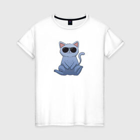 Женская футболка хлопок с принтом Blue Cat в Белгороде, 100% хлопок | прямой крой, круглый вырез горловины, длина до линии бедер, слегка спущенное плечо | домашний | животные | звери | киса | киска | кот | котенок | котэ | котя | кошка | крутой | лапочка | милый | мимими | модный | очки | синий | хороший