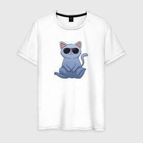 Мужская футболка хлопок с принтом Blue Cat в Белгороде, 100% хлопок | прямой крой, круглый вырез горловины, длина до линии бедер, слегка спущенное плечо. | домашний | животные | звери | киса | киска | кот | котенок | котэ | котя | кошка | крутой | лапочка | милый | мимими | модный | очки | синий | хороший