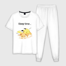 Мужская пижама хлопок с принтом Сон в Белгороде, 100% хлопок | брюки и футболка прямого кроя, без карманов, на брюках мягкая резинка на поясе и по низу штанин
 | аниме | время спать | пикачу | покемоны | сон
