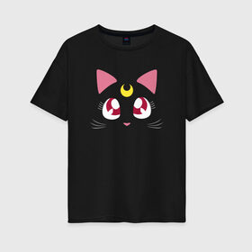 Женская футболка хлопок Oversize с принтом Luna Cat. Sailor Moon в Белгороде, 100% хлопок | свободный крой, круглый ворот, спущенный рукав, длина до линии бедер
 | anime | cute | аниме | взгляд | волшебство | глаза | киса | киска | кот | котенок | котэ | котя | кошка | лапочка | луна | магия | месяц | милый | мимими | мордочка | сейлор мун | хороший | япония