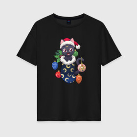 Женская футболка хлопок Oversize с принтом Christmas Luna Cat в Белгороде, 100% хлопок | свободный крой, круглый ворот, спущенный рукав, длина до линии бедер
 | 2021 | anime | sailor moon | дед мороз | игрушки | кот | котенок | котик | котэ | котя | кошка | лапочка | луна | милый | мимими | новогодний | новый год | носок | подарок | рождество | сейлор мун