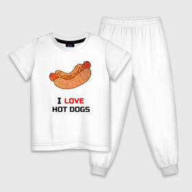 Детская пижама хлопок с принтом Love HOT DOGS в Белгороде, 100% хлопок |  брюки и футболка прямого кроя, без карманов, на брюках мягкая резинка на поясе и по низу штанин
 | Тематика изображения на принте: еда | люблю | питание | сосиска | хот дог