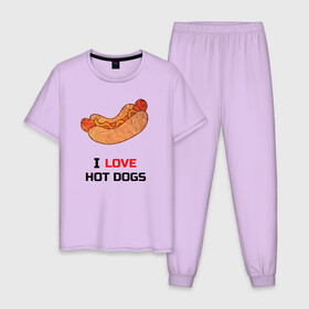 Мужская пижама хлопок с принтом Love HOT DOGS в Белгороде, 100% хлопок | брюки и футболка прямого кроя, без карманов, на брюках мягкая резинка на поясе и по низу штанин
 | Тематика изображения на принте: еда | люблю | питание | сосиска | хот дог