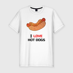 Мужская футболка хлопок Slim с принтом Love HOT DOGS в Белгороде, 92% хлопок, 8% лайкра | приталенный силуэт, круглый вырез ворота, длина до линии бедра, короткий рукав | еда | люблю | питание | сосиска | хот дог