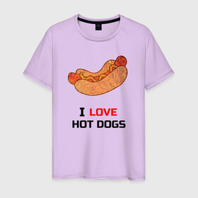 Мужская футболка хлопок с принтом Love HOT DOGS в Белгороде, 100% хлопок | прямой крой, круглый вырез горловины, длина до линии бедер, слегка спущенное плечо. | Тематика изображения на принте: еда | люблю | питание | сосиска | хот дог