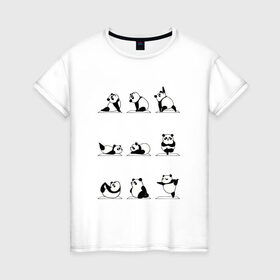 Женская футболка хлопок с принтом Панда занимается йогой в Белгороде, 100% хлопок | прямой крой, круглый вырез горловины, длина до линии бедер, слегка спущенное плечо | ега | йога | йога и фитнес | карамель | кунг фу | кунг фу панда | панда | пандора | панды | по | с пандами | с пандой | фитнес