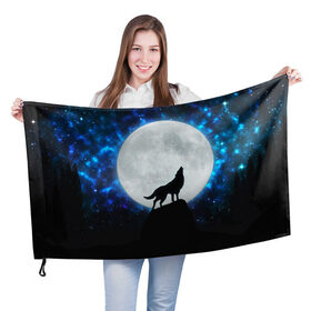 Флаг 3D с принтом Волк воющий на луну в Белгороде, 100% полиэстер | плотность ткани — 95 г/м2, размер — 67 х 109 см. Принт наносится с одной стороны | wolf | волк | волки | волчица | животные | одинокий волк