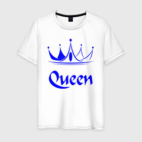 Мужская футболка хлопок с принтом Queen  в Белгороде, 100% хлопок | прямой крой, круглый вырез горловины, длина до линии бедер, слегка спущенное плечо. | blue crown | crown | crown print | queen | queen lettering | queen print | королева | корона | надпись королева | принт королева | принт короны | синяя корона