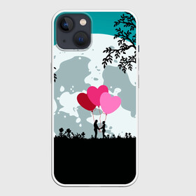Чехол для iPhone 13 с принтом Влюбленная Пара в Белгороде,  |  | heart | leaves | love | love you | minimal | moon | night | влюбленная пара | влюбленные | воздушные шары | деревья | листья | луна | любовь | минимализм | ночь | отношения | полнолуние | природа | сердечки | сердца | сердце