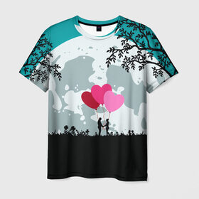 Мужская футболка 3D с принтом Влюбленная Пара в Белгороде, 100% полиэфир | прямой крой, круглый вырез горловины, длина до линии бедер | Тематика изображения на принте: heart | leaves | love | love you | minimal | moon | night | влюбленная пара | влюбленные | воздушные шары | деревья | листья | луна | любовь | минимализм | ночь | отношения | полнолуние | природа | сердечки | сердца | сердце