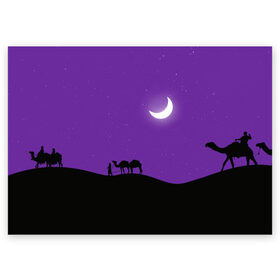 Поздравительная открытка с принтом Арабская Ночь в Белгороде, 100% бумага | плотность бумаги 280 г/м2, матовая, на обратной стороне линовка и место для марки
 | minimal | moon | night | арабская ночь | верблюд | верблюды | звезды | караван верблюдов | луна | минимализм | небо | ночное небо | ночь | природа | пустыня | силуэт | силуэты