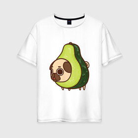 Женская футболка хлопок Oversize с принтом Мопс-авокадо в Белгороде, 100% хлопок | свободный крой, круглый ворот, спущенный рукав, длина до линии бедер
 | авокадо | арт | мопс | рисунок | сладкий | сладость | собака в костюме | собака в костюмчике | фрукт | фрукты