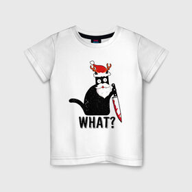 Детская футболка хлопок с принтом What Cat (Новый Год) в Белгороде, 100% хлопок | круглый вырез горловины, полуприлегающий силуэт, длина до линии бедер | Тематика изображения на принте: 