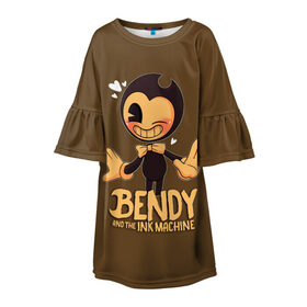 Детское платье 3D с принтом Bendy And The Ink Machine в Белгороде, 100% полиэстер | прямой силуэт, чуть расширенный к низу. Круглая горловина, на рукавах — воланы | Тематика изображения на принте: bendy | bendy and the ink machine | бенди | бени | бенни | бэнди | детская | детям | игра | капли | компьютерная игра | краска | машина | подтеки | ужастик | чернила | чернильная