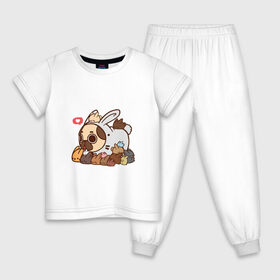 Детская пижама хлопок с принтом Свой, среди чужих в Белгороде, 100% хлопок |  брюки и футболка прямого кроя, без карманов, на брюках мягкая резинка на поясе и по низу штанин
 | арт | зайцы | зайчик | зайчики | заяц | кролик | кролики | мопс | рисунок | собака в костюме | собака в костюмчике | стая зайцев | стая зайчиков | стая кроликов