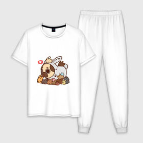 Мужская пижама хлопок с принтом Свой, среди чужих в Белгороде, 100% хлопок | брюки и футболка прямого кроя, без карманов, на брюках мягкая резинка на поясе и по низу штанин
 | арт | зайцы | зайчик | зайчики | заяц | кролик | кролики | мопс | рисунок | собака в костюме | собака в костюмчике | стая зайцев | стая зайчиков | стая кроликов