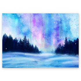 Поздравительная открытка с принтом Зимняя соната в Белгороде, 100% бумага | плотность бумаги 280 г/м2, матовая, на обратной стороне линовка и место для марки
 | watercolor | акварель | зима | лес | сияние | снег
