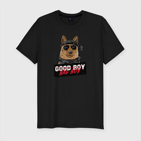 Мужская футболка хлопок Slim с принтом Bad Boy в Белгороде, 92% хлопок, 8% лайкра | приталенный силуэт, круглый вырез ворота, длина до линии бедра, короткий рукав | animal | dog | good | домашний | животные | звери | крутой | мальчик | милый | надпись | очки | пес | питомец | собака | собакен | табличка | хороший | щенок