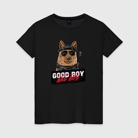Женская футболка хлопок с принтом Bad Boy в Белгороде, 100% хлопок | прямой крой, круглый вырез горловины, длина до линии бедер, слегка спущенное плечо | animal | dog | good | домашний | животные | звери | крутой | мальчик | милый | надпись | очки | пес | питомец | собака | собакен | табличка | хороший | щенок