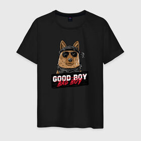 Мужская футболка хлопок с принтом Bad Boy в Белгороде, 100% хлопок | прямой крой, круглый вырез горловины, длина до линии бедер, слегка спущенное плечо. | animal | dog | good | домашний | животные | звери | крутой | мальчик | милый | надпись | очки | пес | питомец | собака | собакен | табличка | хороший | щенок