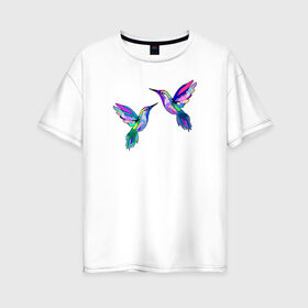 Женская футболка хлопок Oversize с принтом Колибри в Белгороде, 100% хлопок | свободный крой, круглый ворот, спущенный рукав, длина до линии бедер
 | angel | bird | butterfly | parrot | summer | tropical | wings | ангел | бабочки | джунгли | животные | красочные | крылья | летний | лето | перья | попугай | природа | птица | птичка | радужные | райский | стриж | тропики