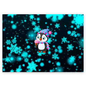 Поздравительная открытка с принтом Новогодний пингвин в Белгороде, 100% бумага | плотность бумаги 280 г/м2, матовая, на обратной стороне линовка и место для марки
 | 2021 | new year | бык | год быка | девочка | дед мороз | детям | дочке | мальчик | модная | модный | мороженое | новогодний дизайн | новогодний пингвин | новогодняя | новый год | пенгвин | пингвин | пингвины