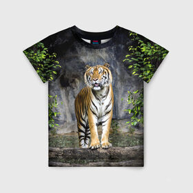 Детская футболка 3D с принтом ТИГР В ЛЕСУ в Белгороде, 100% гипоаллергенный полиэфир | прямой крой, круглый вырез горловины, длина до линии бедер, чуть спущенное плечо, ткань немного тянется | tiger | амурский | бенгальский | в зоопарке | в лесу | дикий | кошка | крупная | полосатый | тигр | тигренок | тигрица