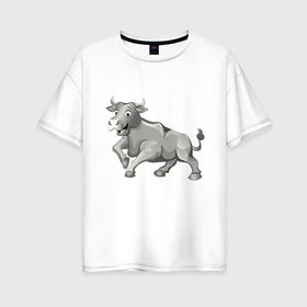 Женская футболка хлопок Oversize с принтом Металлический бык в Белгороде, 100% хлопок | свободный крой, круглый ворот, спущенный рукав, длина до линии бедер
 | 2021 | bull | белый | бык | дикая природа | добрый | зима | китайский календарь | металлический | милый | новый год | подарок | серебряный | улыбается