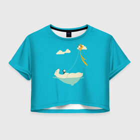 Женская футболка Crop-top 3D с принтом ОБИТАТЕЛИ АНТАРКТИКИ в Белгороде, 100% полиэстер | круглая горловина, длина футболки до линии талии, рукава с отворотами | белый медведь | воздушный змей | детский рисунок | мультяшный персонаж | небо голубое | облака | пингвин | рисунок