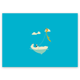 Поздравительная открытка с принтом ОБИТАТЕЛИ АНТАРКТИКИ в Белгороде, 100% бумага | плотность бумаги 280 г/м2, матовая, на обратной стороне линовка и место для марки
 | Тематика изображения на принте: белый медведь | воздушный змей | детский рисунок | мультяшный персонаж | небо голубое | облака | пингвин | рисунок