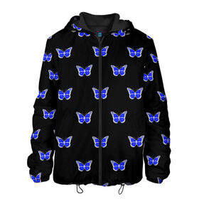 Мужская куртка 3D с принтом Синие бабочки в Белгороде, ткань верха — 100% полиэстер, подклад — флис | прямой крой, подол и капюшон оформлены резинкой с фиксаторами, два кармана без застежек по бокам, один большой потайной карман на груди. Карман на груди застегивается на липучку | Тематика изображения на принте: бабочка | бабочки | воздух | живность природы | красивая бабочка | красота природы | крылья | летать | летают | летающее насекомое | летающие бабочки | насекомые | порхание | порхать