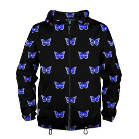 Мужская ветровка 3D с принтом Синие бабочки в Белгороде, 100% полиэстер | подол и капюшон оформлены резинкой с фиксаторами, два кармана без застежек по бокам, один потайной карман на груди | бабочка | бабочки | воздух | живность природы | красивая бабочка | красота природы | крылья | летать | летают | летающее насекомое | летающие бабочки | насекомые | порхание | порхать