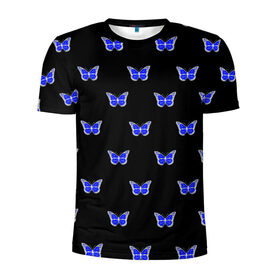 Мужская футболка 3D спортивная с принтом Синие бабочки в Белгороде, 100% полиэстер с улучшенными характеристиками | приталенный силуэт, круглая горловина, широкие плечи, сужается к линии бедра | Тематика изображения на принте: бабочка | бабочки | воздух | живность природы | красивая бабочка | красота природы | крылья | летать | летают | летающее насекомое | летающие бабочки | насекомые | порхание | порхать