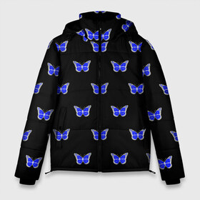 Мужская зимняя куртка 3D с принтом Синие бабочки в Белгороде, верх — 100% полиэстер; подкладка — 100% полиэстер; утеплитель — 100% полиэстер | длина ниже бедра, свободный силуэт Оверсайз. Есть воротник-стойка, отстегивающийся капюшон и ветрозащитная планка. 

Боковые карманы с листочкой на кнопках и внутренний карман на молнии. | Тематика изображения на принте: бабочка | бабочки | воздух | живность природы | красивая бабочка | красота природы | крылья | летать | летают | летающее насекомое | летающие бабочки | насекомые | порхание | порхать