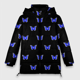 Женская зимняя куртка 3D с принтом Синие бабочки в Белгороде, верх — 100% полиэстер; подкладка — 100% полиэстер; утеплитель — 100% полиэстер | длина ниже бедра, силуэт Оверсайз. Есть воротник-стойка, отстегивающийся капюшон и ветрозащитная планка. 

Боковые карманы с листочкой на кнопках и внутренний карман на молнии | Тематика изображения на принте: бабочка | бабочки | воздух | живность природы | красивая бабочка | красота природы | крылья | летать | летают | летающее насекомое | летающие бабочки | насекомые | порхание | порхать