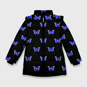 Зимняя куртка для девочек 3D с принтом Синие бабочки в Белгороде, ткань верха — 100% полиэстер; подклад — 100% полиэстер, утеплитель — 100% полиэстер. | длина ниже бедра, удлиненная спинка, воротник стойка и отстегивающийся капюшон. Есть боковые карманы с листочкой на кнопках, утяжки по низу изделия и внутренний карман на молнии. 

Предусмотрены светоотражающий принт на спинке, радужный светоотражающий элемент на пуллере молнии и на резинке для утяжки. | Тематика изображения на принте: бабочка | бабочки | воздух | живность природы | красивая бабочка | красота природы | крылья | летать | летают | летающее насекомое | летающие бабочки | насекомые | порхание | порхать
