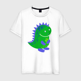 Мужская футболка хлопок с принтом Зеленый дракончик-динозаврик в Белгороде, 100% хлопок | прямой крой, круглый вырез горловины, длина до линии бедер, слегка спущенное плечо. | dino | волшебный | дино | динозавр | динозаврик | дракон | дракончик | дракоша | змей горыныч | змея | змий | малыш | милашка | милый | парк юрского периода | сказка | сказочный | фэнтези