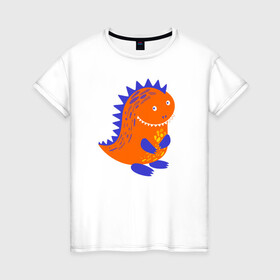 Женская футболка хлопок с принтом Оранжевый дракончин-динозаврик в Белгороде, 100% хлопок | прямой крой, круглый вырез горловины, длина до линии бедер, слегка спущенное плечо | dino | волшебный | дино | динозавр | динозаврик | дракон | дракончик | дракоша | змей горыныч | змея | змий | малыш | милашка | милый | парк юрского периода | сказка | сказочный | фэнтези