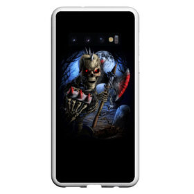 Чехол для Samsung Galaxy S10 с принтом SKILLET в Белгороде, Силикон | Область печати: задняя сторона чехла, без боковых панелей | кладбище ночью | кровь | могила | неоновые глаза | полнолуние | скелет | страшный принт | топор | хэллоуин