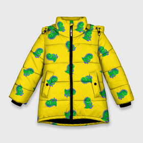 Зимняя куртка для девочек 3D с принтом Дракончик-динозаврик в Белгороде, ткань верха — 100% полиэстер; подклад — 100% полиэстер, утеплитель — 100% полиэстер. | длина ниже бедра, удлиненная спинка, воротник стойка и отстегивающийся капюшон. Есть боковые карманы с листочкой на кнопках, утяжки по низу изделия и внутренний карман на молнии. 

Предусмотрены светоотражающий принт на спинке, радужный светоотражающий элемент на пуллере молнии и на резинке для утяжки. | Тематика изображения на принте: dino | волшебный | дино | динозавр | динозаврик | дракон | дракончик | дракоша | змей горыныч | змея | змий | малыш | милашка | милый | парк юрского периода | сказка | сказочный | фэнтези