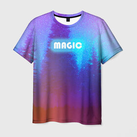 Мужская футболка 3D с принтом MAGIC в Белгороде, 100% полиэфир | прямой крой, круглый вырез горловины, длина до линии бедер | звездное небо | зимний вечер | неоновая надпись | ночное небо | снег
