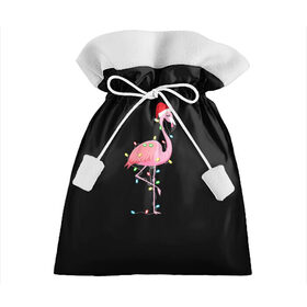 Подарочный 3D мешок с принтом Новогодний Фламинго в Белгороде, 100% полиэстер | Размер: 29*39 см | Тематика изображения на принте: 2021 | гирлянда | год быка | дед мороз | новогодний | новогодняя | новый год | птица | рождество | розовый фламинго | с новым годом | фламинго