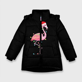 Зимняя куртка для девочек 3D с принтом Новогодний Фламинго в Белгороде, ткань верха — 100% полиэстер; подклад — 100% полиэстер, утеплитель — 100% полиэстер. | длина ниже бедра, удлиненная спинка, воротник стойка и отстегивающийся капюшон. Есть боковые карманы с листочкой на кнопках, утяжки по низу изделия и внутренний карман на молнии. 

Предусмотрены светоотражающий принт на спинке, радужный светоотражающий элемент на пуллере молнии и на резинке для утяжки. | 2021 | гирлянда | год быка | дед мороз | новогодний | новогодняя | новый год | птица | рождество | розовый фламинго | с новым годом | фламинго