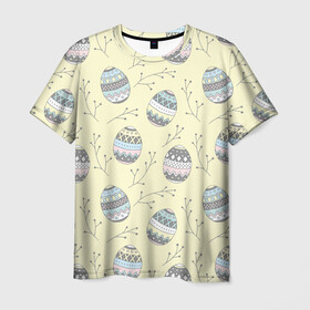 Мужская футболка 3D с принтом Пасхальные яйца в Белгороде, 100% полиэфир | прямой крой, круглый вырез горловины, длина до линии бедер | бог | вера | весна | воскресение | желтый фон | молитва | пасха | пасхальный | пост | религия | храм | христос | церковь | яйца пасхальные