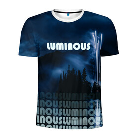 Мужская футболка 3D спортивная с принтом LUMINOUS в Белгороде, 100% полиэстер с улучшенными характеристиками | приталенный силуэт, круглая горловина, широкие плечи, сужается к линии бедра | неоновый принт | ночная атмосфера | ночное небо | ночной лес | темные облака | туман | фейерверк