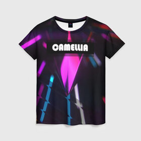 Женская футболка 3D с принтом CAMELLIA в Белгороде, 100% полиэфир ( синтетическое хлопкоподобное полотно) | прямой крой, круглый вырез горловины, длина до линии бедер | абстракция | геометрия | неоновый огонь | неоновый полосы | неоновый свет