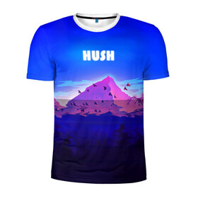 Мужская футболка 3D спортивная с принтом HUSH в Белгороде, 100% полиэстер с улучшенными характеристиками | приталенный силуэт, круглая горловина, широкие плечи, сужается к линии бедра | Тематика изображения на принте: голубое небо | горы | долина | закат | нарисованные горы | облака | природа | птицы | рассвет | тропики
