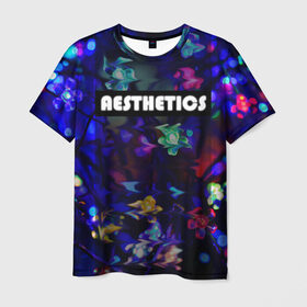 Мужская футболка 3D с принтом AESTHETICS в Белгороде, 100% полиэфир | прямой крой, круглый вырез горловины, длина до линии бедер | брызги красок | неоновая надпись | неоновые цветы | неоновый свет | светодиоды | цветы